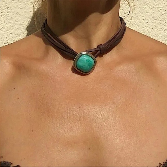 Boho Vintage Turquoise Pendant Choker, Bohemian, Vacation, Leather Cord, 16” - Picture 2 of 4